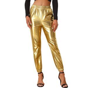 Metallic Trousers Shiny Sparkle Elastic Waist Holographic Pants Champagne Gold